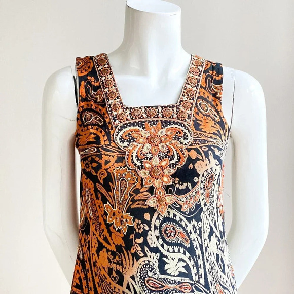 Vintage Bias Cut Paisley Print Midi Dress w Beaded Detail S - Picture 5 of 10